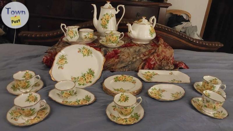 Photo of Royal Albert Yellow Tea Rose, 8 plates, coffeepot, teapot, cream, sugar, cake plate, $10 & up