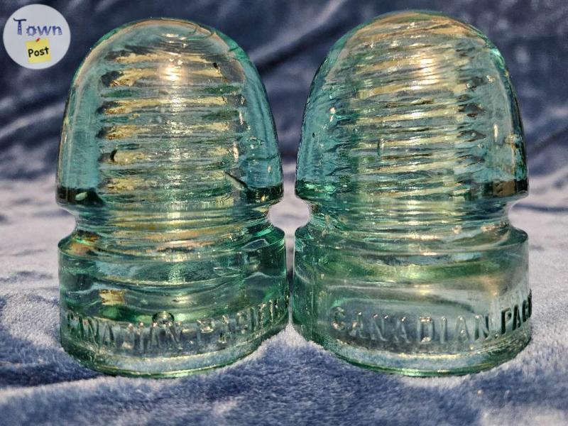 Photo of 2 - VINTAGE AQUA BLUE CANADIAN PACIFIC RY CO GLASS BEEHIVE INSULATOR CD143